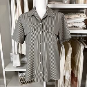 $ CHAUS size 8 taupe and black striped blouse. #0602